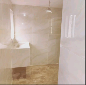 Espacio con recubrimientos claros y área de baño